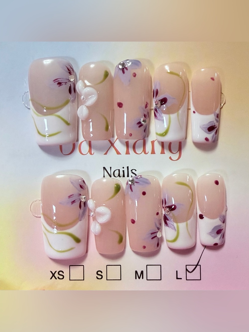 Floral Pink Press-On Nail Set with Rhinestones